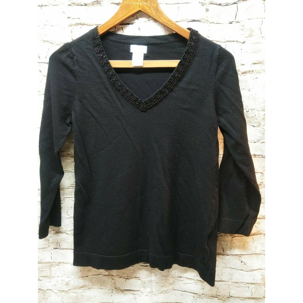 Jaclyn Smith Womens Sweater Size S Top Black Beaded V- Neck
